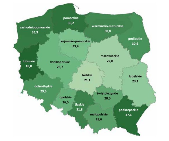 Lesistość Polski w 2011 r. wg województw 